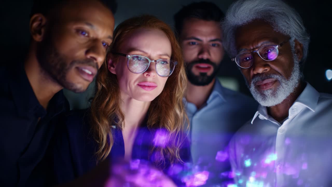 A Diverse Group of Professionals Collaborating in a High-Tech Environment, Analyzing Interactive Data Visualizations with Intense Focus and Engagement, Highlighting Teamwork and Innovation in the Digital Age