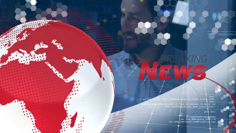 breaking news animation over red globe and digital hexagonal patterns