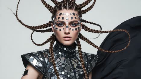 an avant-garde fusion of fashion and art: a model stuns with bold metallic accessories and intricate braids in a stunning futuristic ensemble