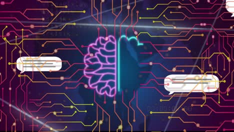 animation of ai chat and data processing over circuit board background