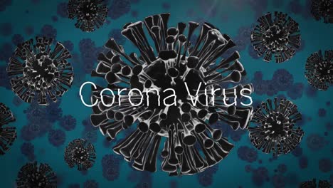 animatie van een woord corona virus over drijvende cellen op blauwe achtergrond