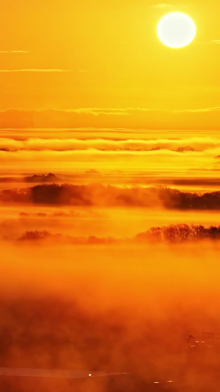 Aerial parallax shot of bright orange sunrise above thick layered morning fog with tree silhouettes peeking through mist in Latvia countryside