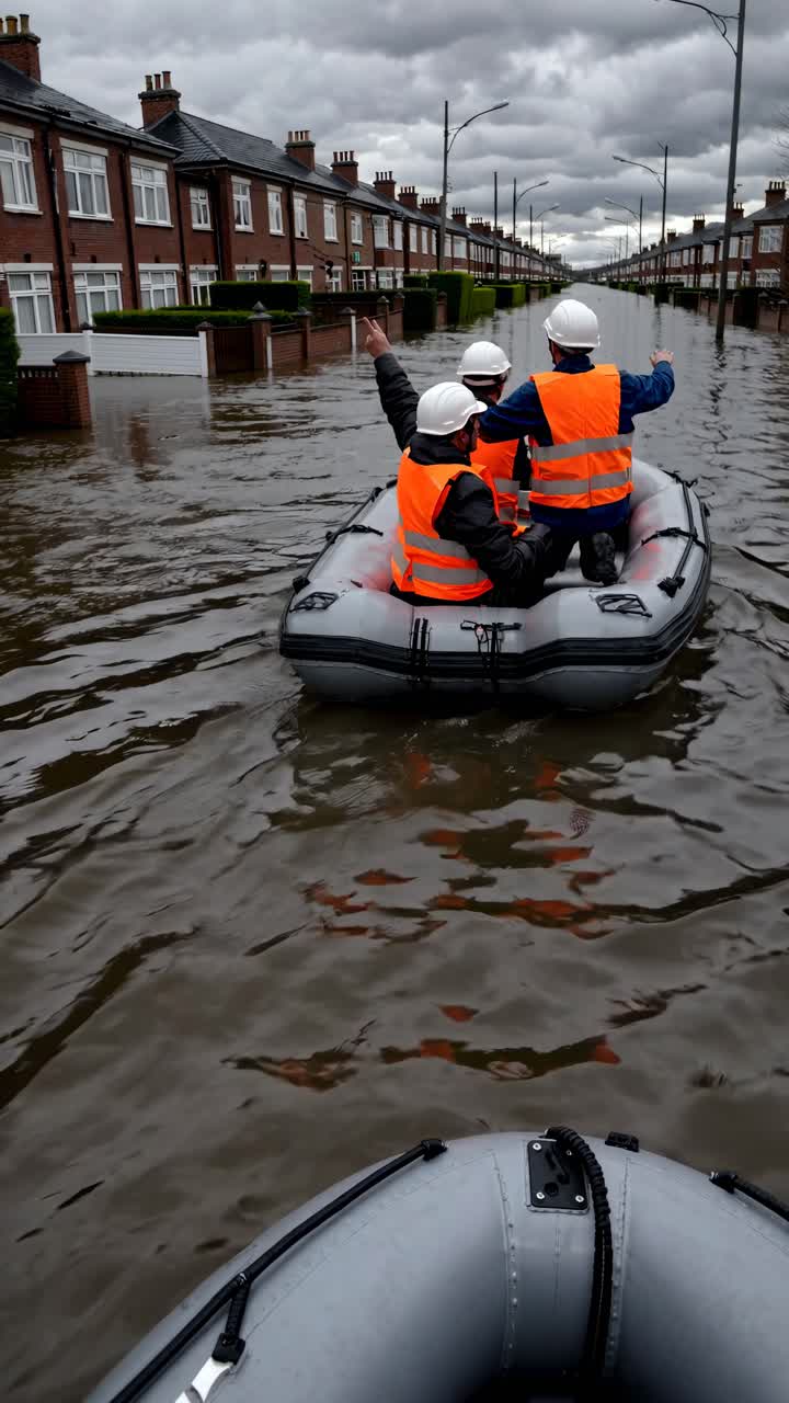 Rescue workers in life jackets navigate a flooded street in a boat