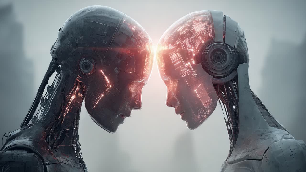 Intriguing Encounter Between Two Advanced Androids: A Deep Connection Reflects Through Their luminous Foreheads, Showcasing Humanity's Relation with Artificial Intelligence