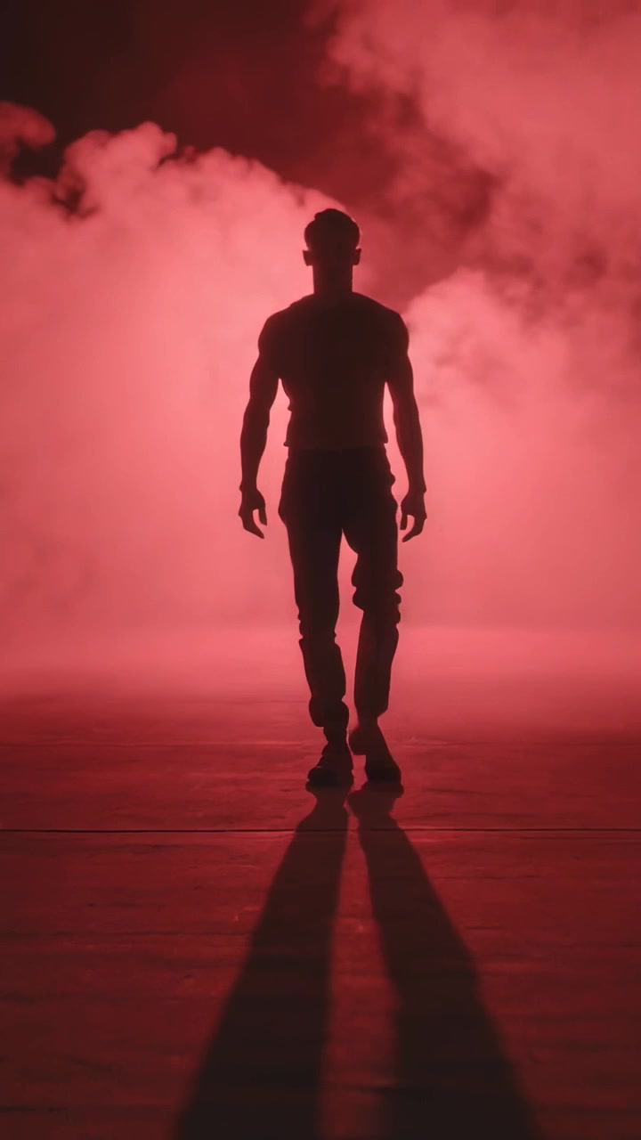 Video vertical: Hombre caminando con camiseta y pantalones, acercándose a la cámara en el escenario, humo rojo anunciando una revelación.