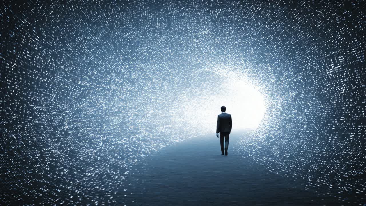 A solitary figure walks through a mesmerizing tunnel of light, representing a journey into the unknown, filled with digital particles and ethereal glow, evoking a sense of exploration and discovery