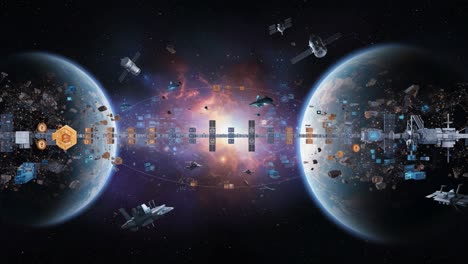 a dystopian space odyssey: examining two planets surrounding a galactic hub amidst debris, satellites, and spacecraft in an expansive universe