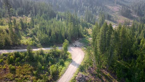 three vans camping at the edge of a hairpin turn along an empty logging road within a partially logged coniferous forest in british columbia, canada