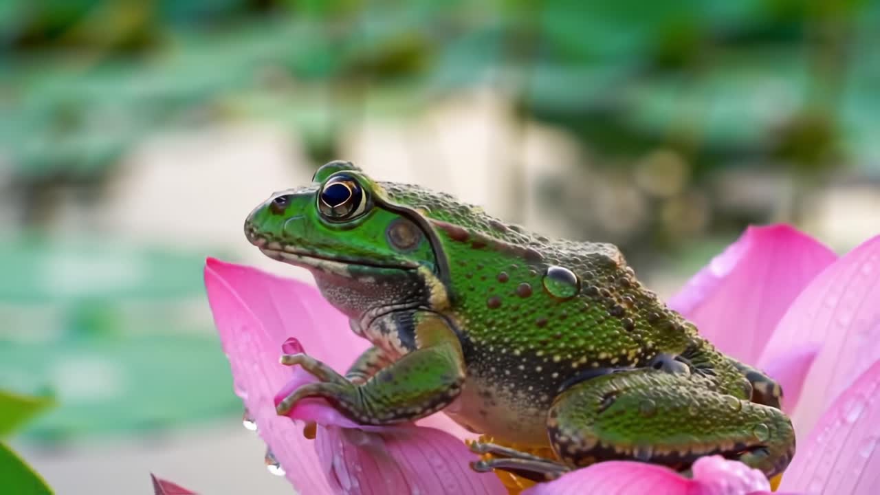 A Green Frog Posed Elegantly on a Pink Lotus Flower, Capturing the Serenity of Nature and the Beauty of Aquatic Life in a Tranquil Environment