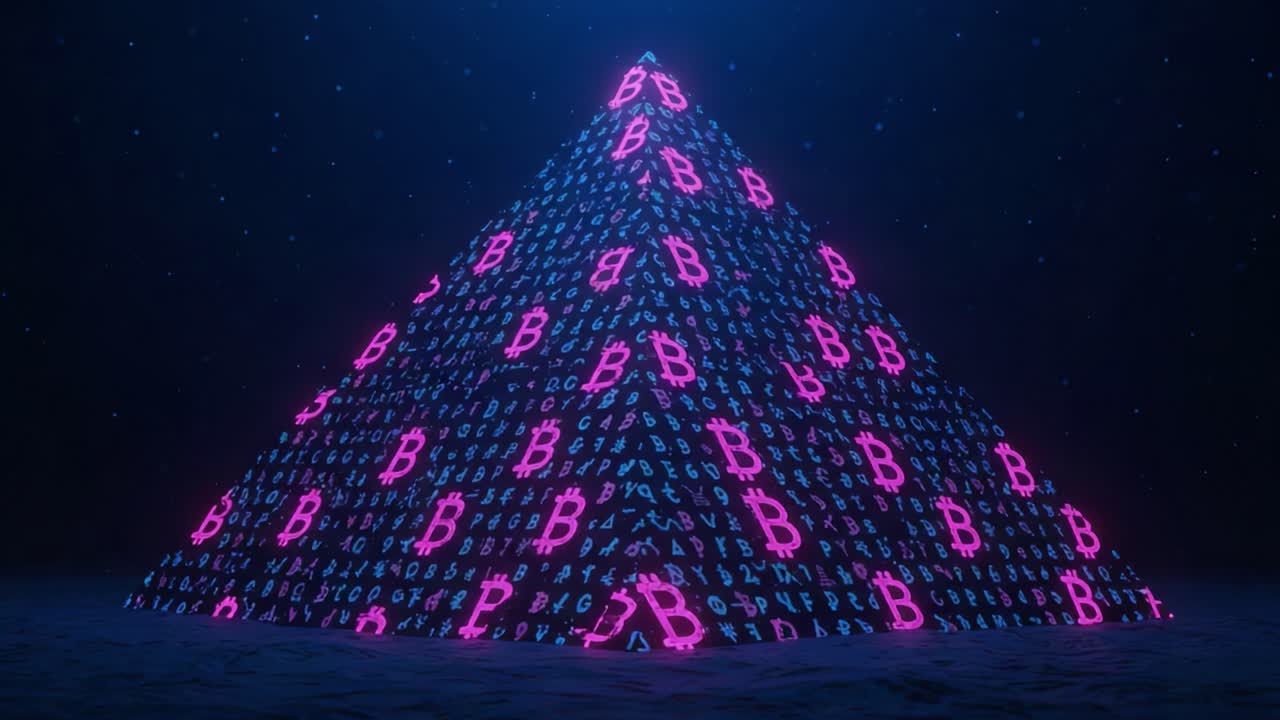 A Captivating Glimpse of a Glowing Digital Pyramid Displaying Cryptocurrency Symbols and Code Amidst a Dark, Enigmatic Background