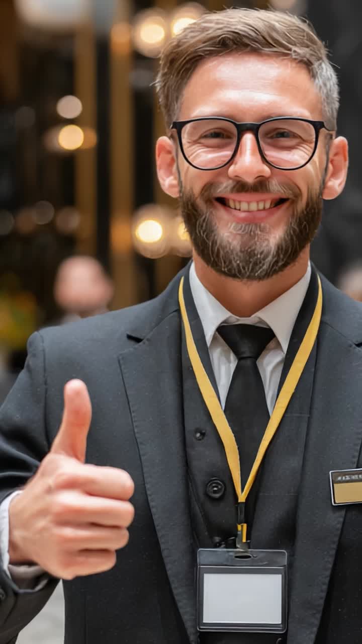 Un membro dello staff professionale e allegro in abbigliamento formale con occhiali e un sorriso amichevole, trasmette un senso di servizio e ospitalità attraverso un gesto di approvazione
