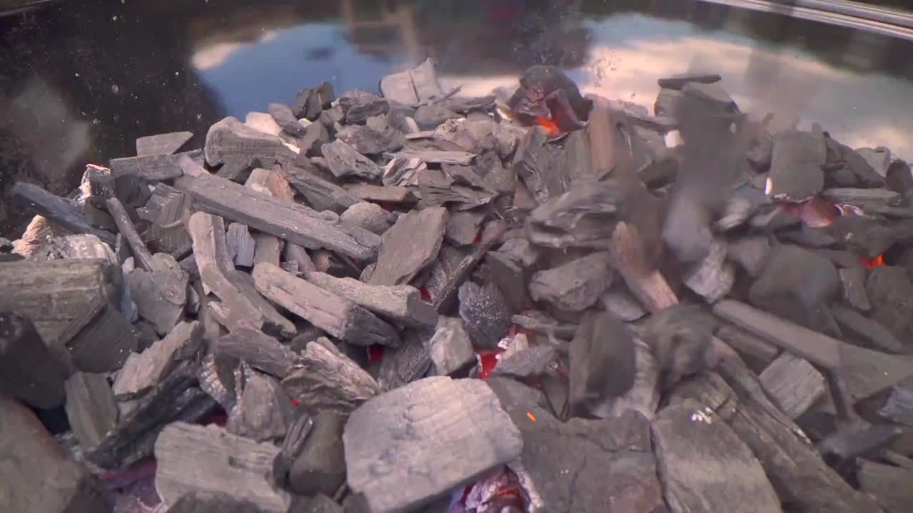 공원 밖의 배경에서 종이 봉투에서 금속 바베큐 접시에 석탄을 떨어뜨리며 자연의 아름다움 속에서 야외 요리 및 그릴 개념을 상징합니다.