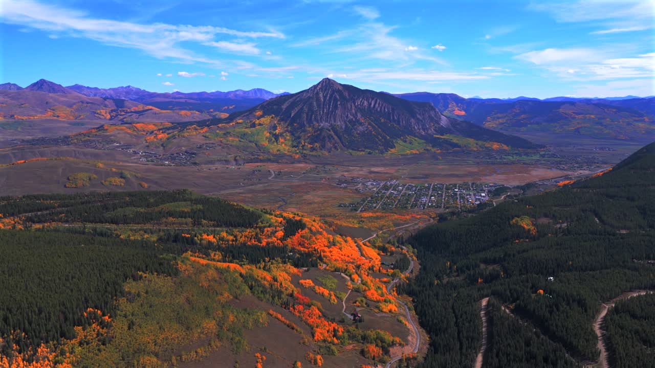 Crested Butte ski resort small Colorado Rocky Mountains down town Main Street drone aerial fall autumn Quaking Aspen Trees leaf peeping season daytime blue skies high clouds Coal Creek Kebler Pass
