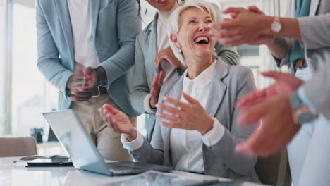 success, laptop or happy senior manager winning