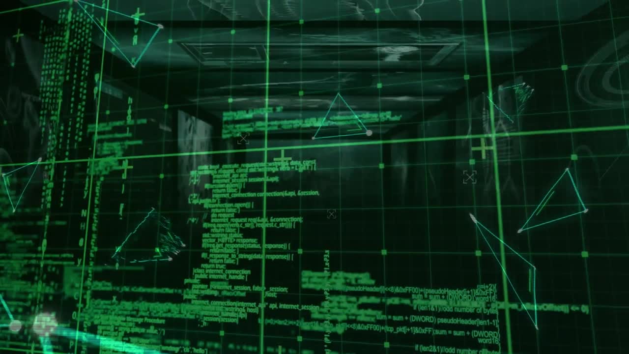 animación de triángulos giratorios y procesamiento de datos en la cuadrícula