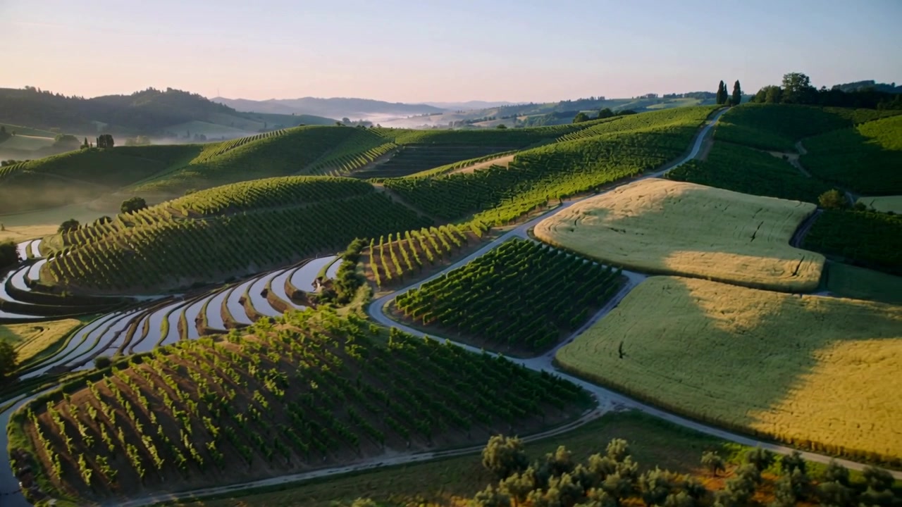 Drone che si solleva rivelando colline di vigneti terrazzati alla luce del mattino, mostrando viti e cipressi.