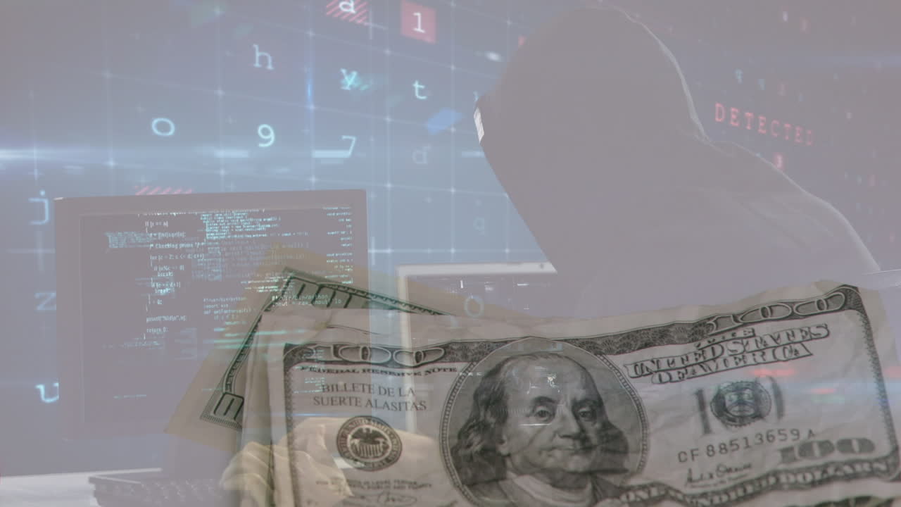 컴퓨터 해커와 지폐 위에 움직이는 데이터 처리의 애니메이션