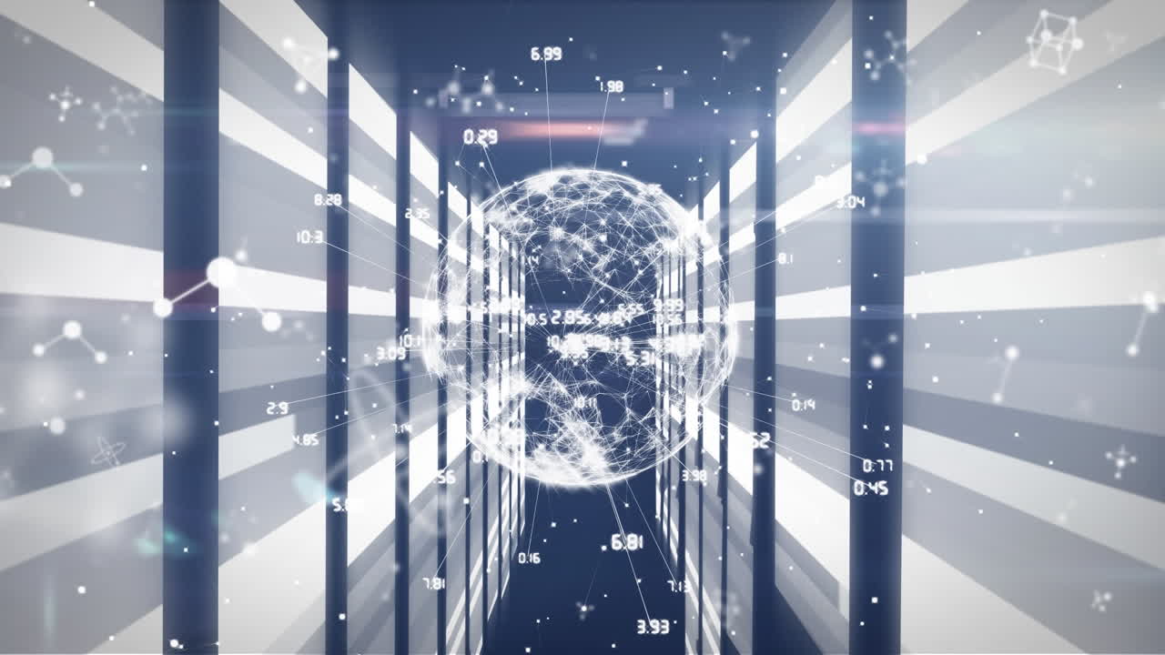 animación del giro del globo y procesamiento de datos en una sala de servidores