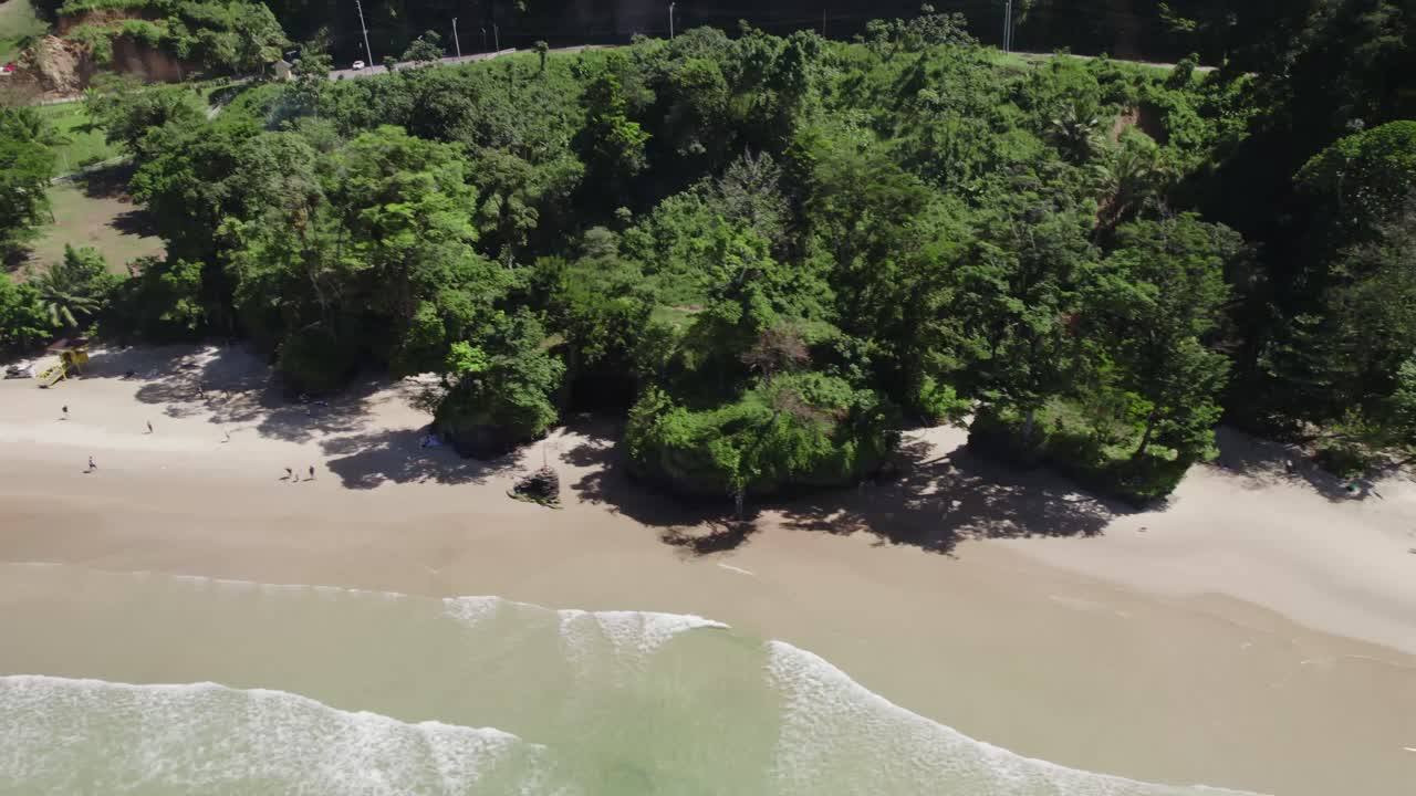 A stunning aerial shot of Las Cuevas Beach on the Caribbean island of Trinidad.