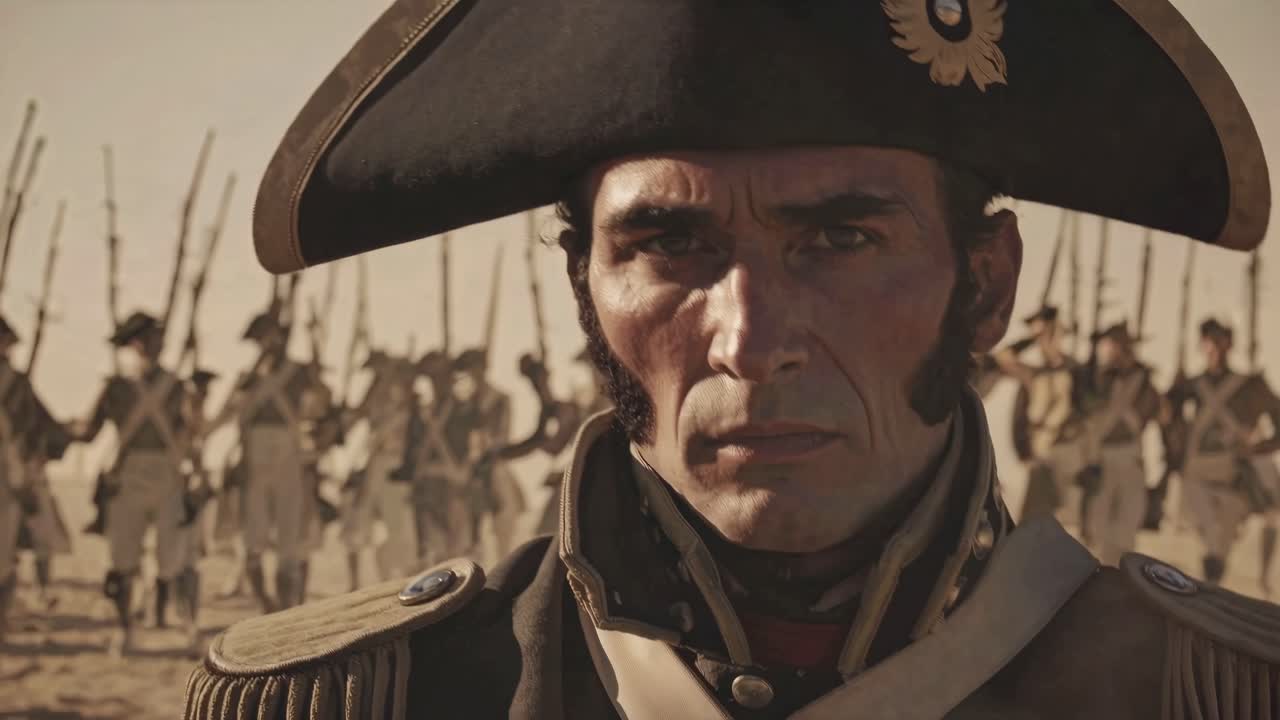 Dramatic close-up of a soldier in historical uniform, with troops blurred in the background