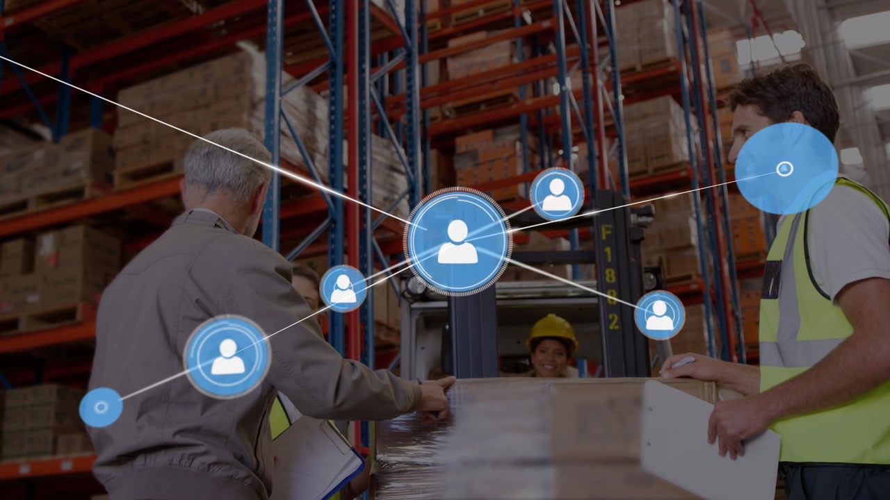 Animation of profile icons connecting dots, caucasian colleague discussing at warehouse