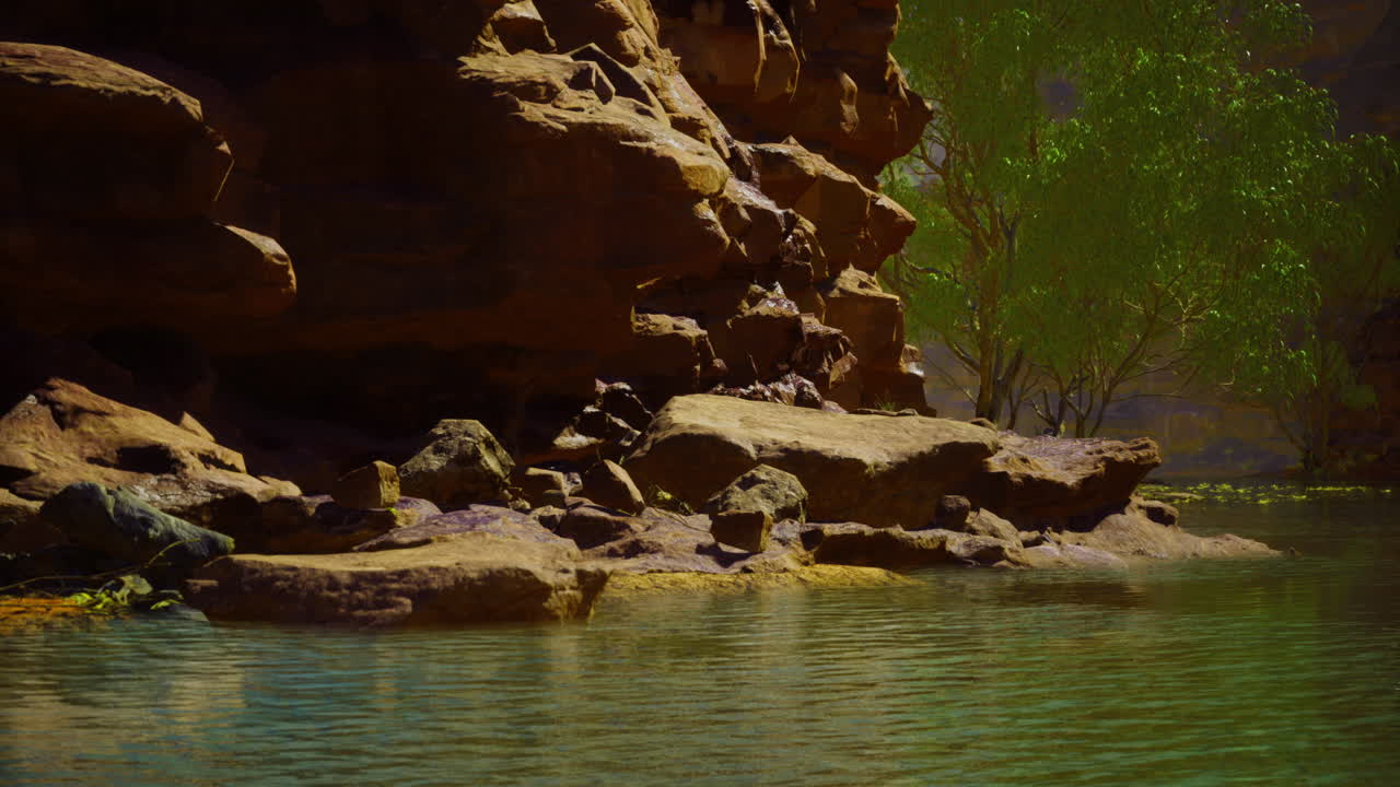 Serene waters reflect ancient cliffs under a vibrant green canopy in nature