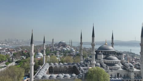 renovated blue mosque and hagia sophia drone video, april 2022 fatih, istanbul turkey