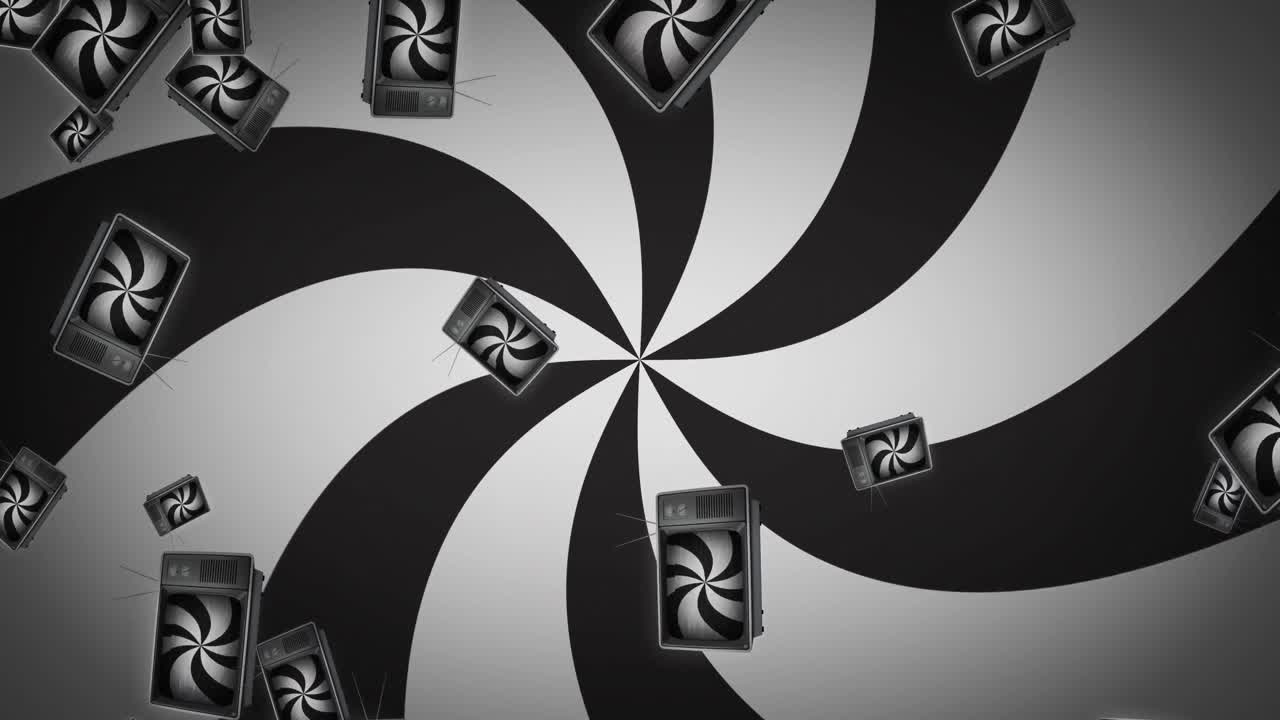 tv에 떨어지는 나선 위에 검은색과 색 선의 나선의 애니메이션