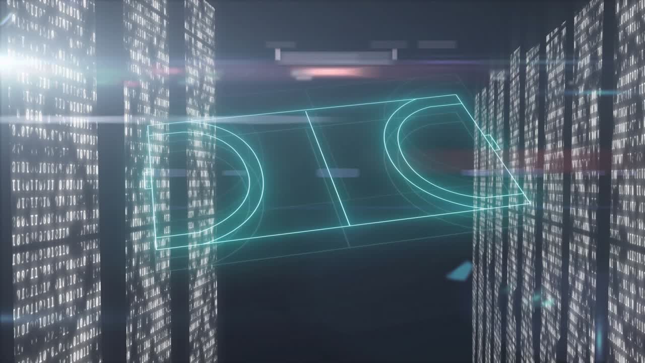 After pause, turquoise lines forming holographic court blueprint for data display, rotating