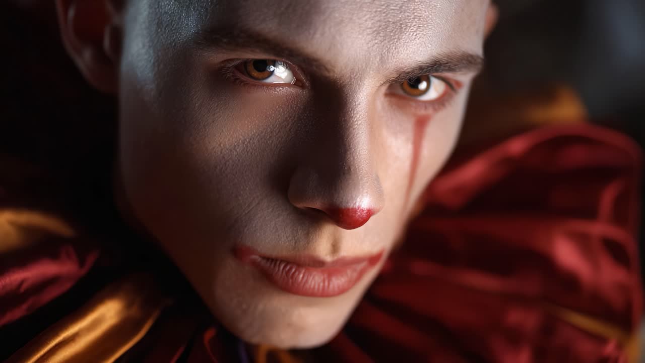 Primo piano di un personaggio con trucco teatrale, naso rosso e colletto colorato, che cattura espressioni ed emozioni intense con un'illuminazione artistica