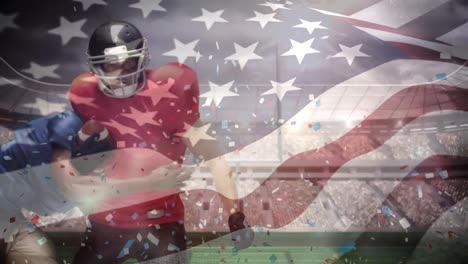 Animation-of-waving-usa-flag-and-falling-confetti-over-american-football-player