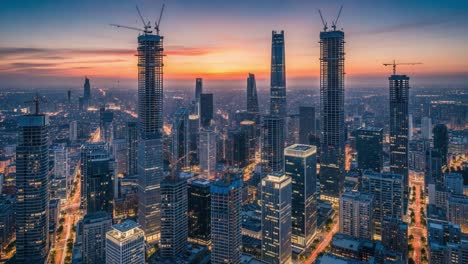 dusk view of a modern city skyline with buildings and construction