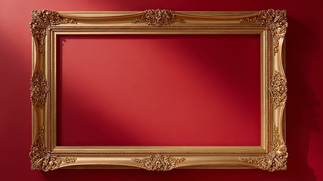 Telecamera che si sposta verso l'alto con movimento panoramico, rivelando una cornice dorata decorata ed uscendo per mostrare un gradiente di parete rossa