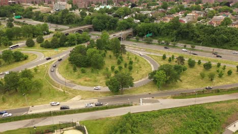an aerial view over a gcp parkway exit on a cloudy day in ny
