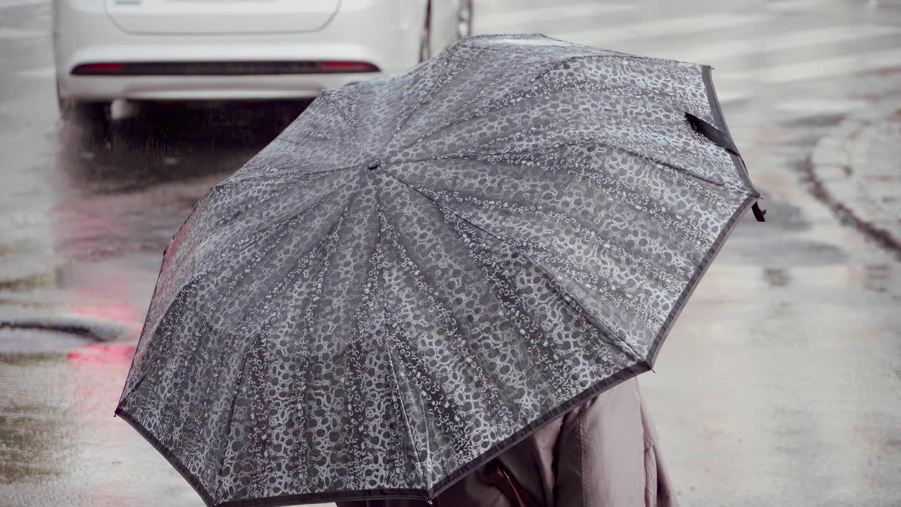 Woman with a print umbrella waiting to cross the street in the rain