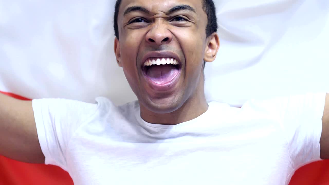 un fanático polaco celebra sosteniendo la bandera de polonia en cámara lenta