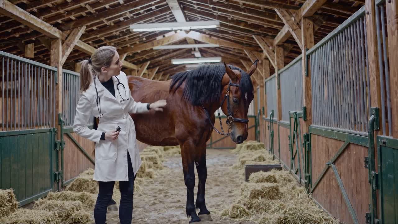 Veterinarian examining a horse in a stable