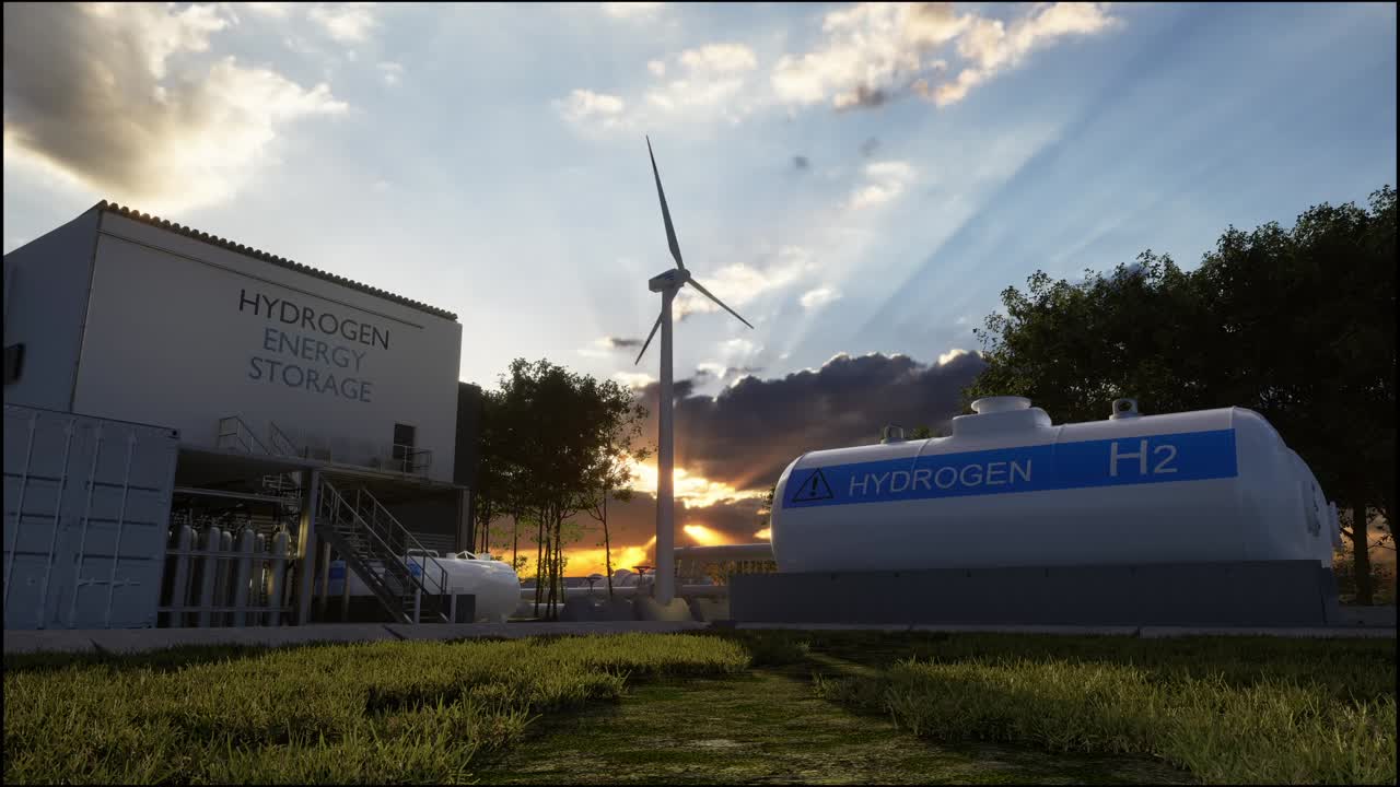 수소 재생 에너지 생산 - 깨한 전기를위한 수소 가스 태양 및 풍력 터빈 시설 3d 렌더링