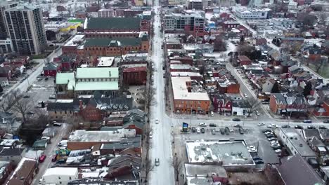 Aerial-shot-flying-over-downtown-Hamilton-in-winter