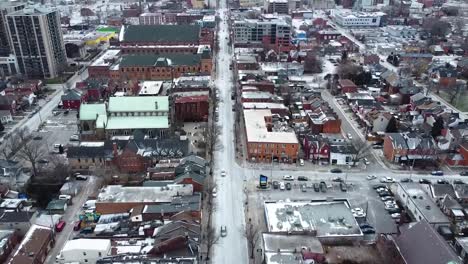 aerial shot flying over downtown hamilton in winter