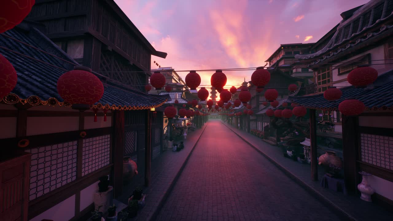 Strada asiatica tradizionale con lanterne rosse al tramonto o all'alba