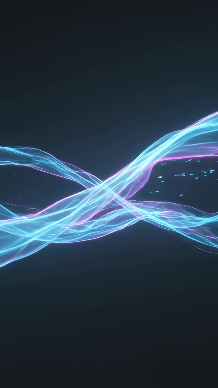 Vertical video: Entering edges on dark blue, neon ribbons weaving, forming X with filaments sparks