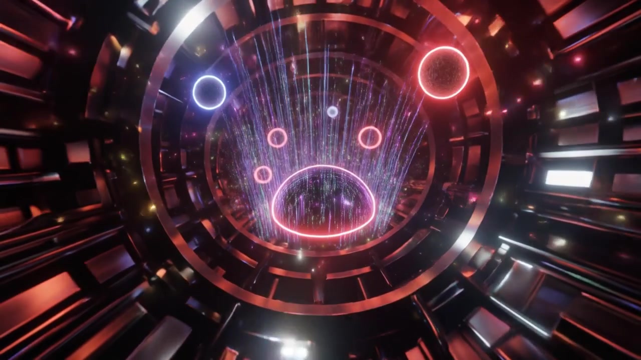 Abstract Futuristic Tunnel with Glowing Neon Rings and Light Particles