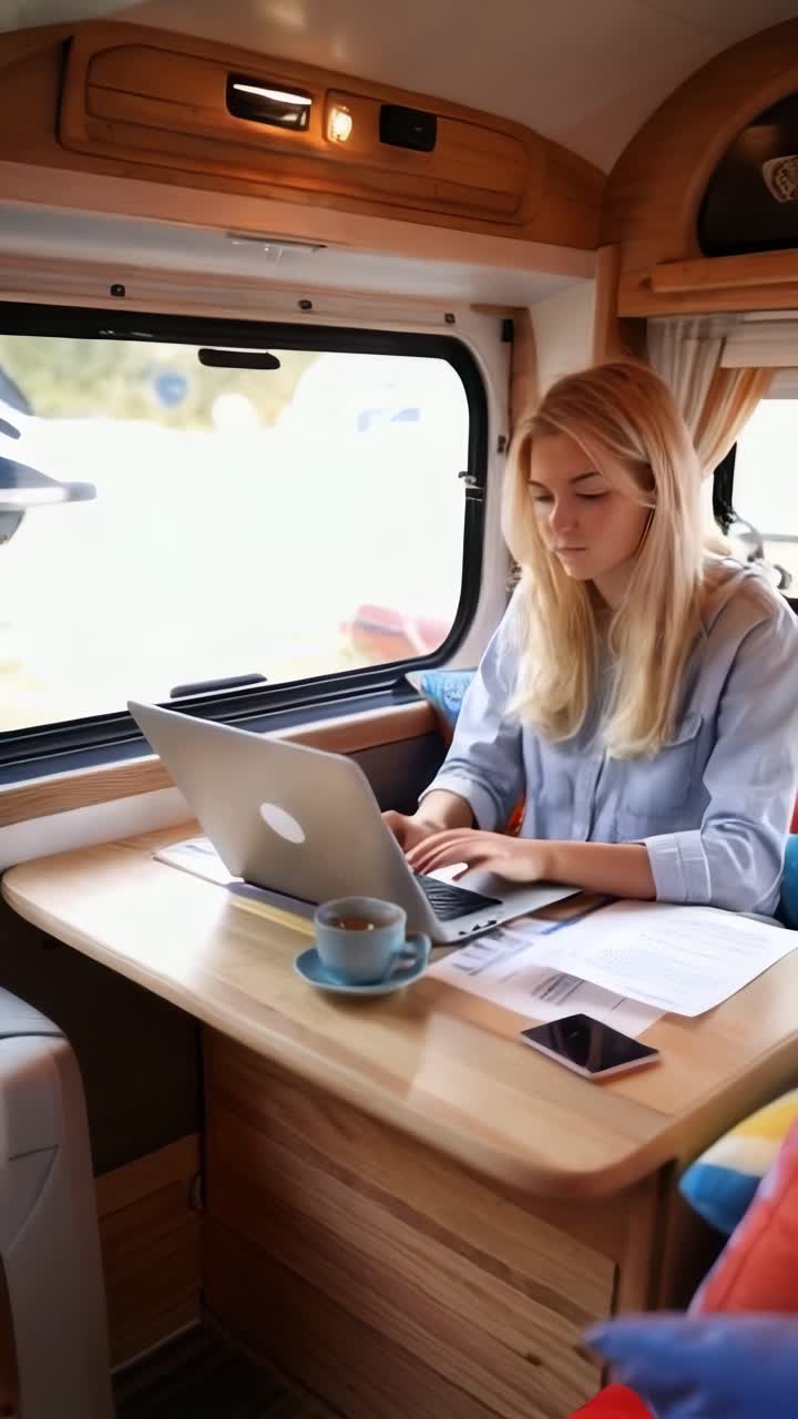 A blonde young female digital nomad working on his laptop inside a camper van.