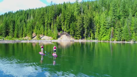 Couple-on-stand-up-paddle-board-oaring-in-river-4k