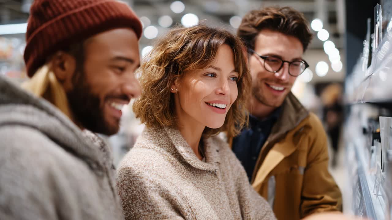 A group of three friends engaged in a lively discussion while exploring products on display, showcasing camaraderie and excitement in a trendy store environment illuminated with soft lighting