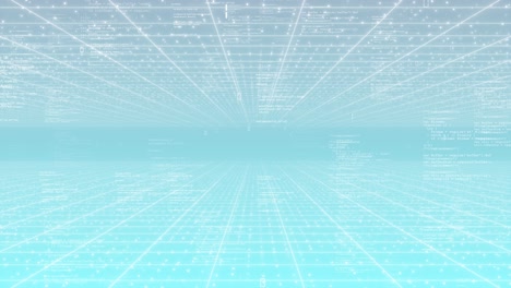 futuristic animation binary coding grid digital space glowing whiteblue gridlines floating code