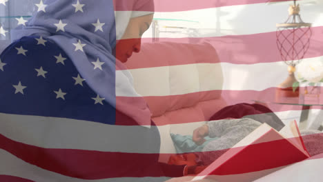 mujeres afroamericanas y niños con nosotros agitando la bandera en primer plano