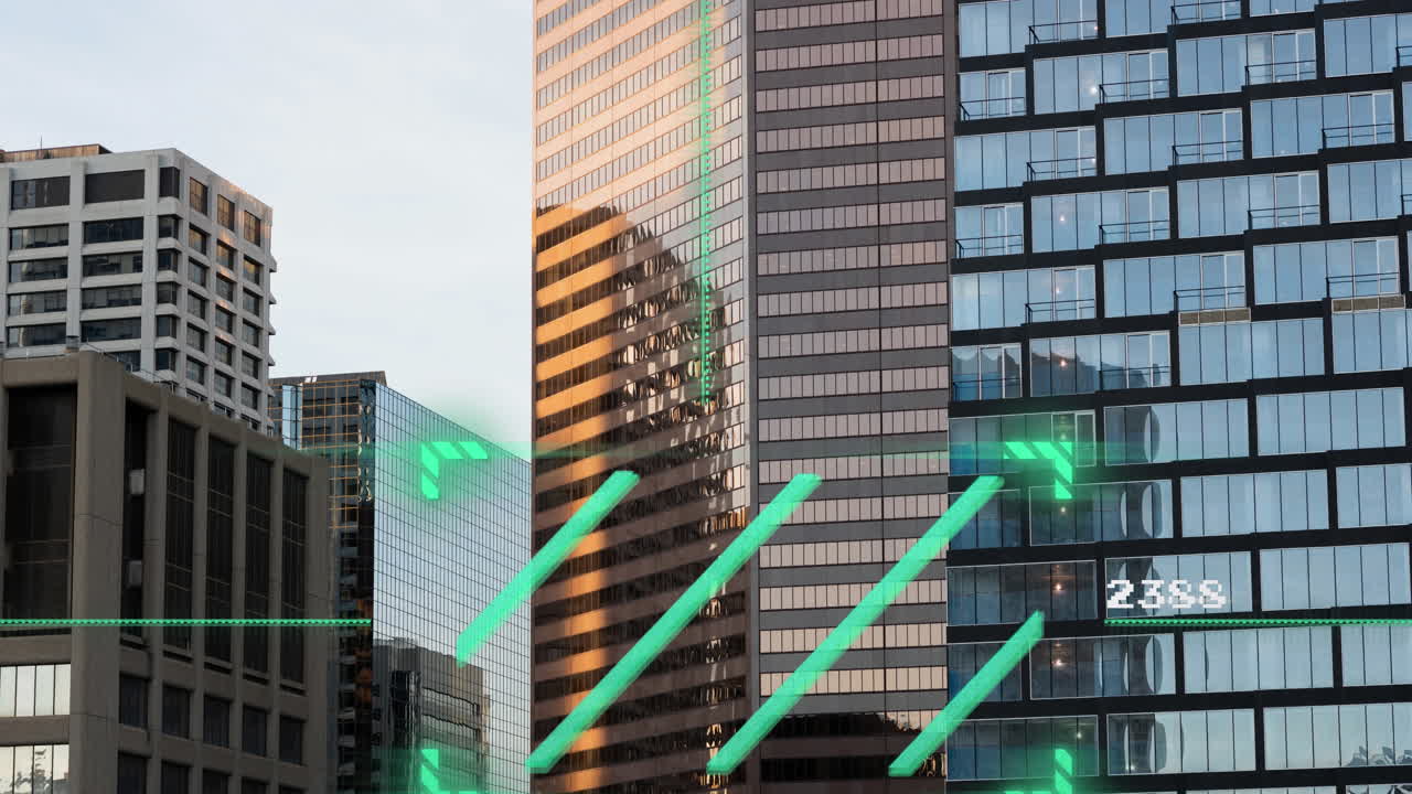 animación de líneas en el visor, cambiando números sobre edificios modernos contra el cielo