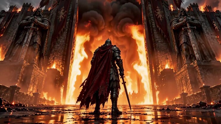 Knight Standing Before Burning Medieval Castle Gates